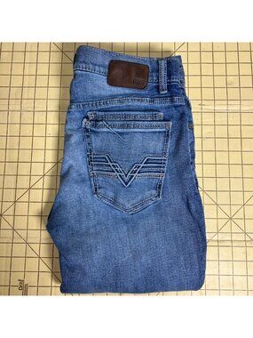 BKE Alec Mens Slim Straight Jeans 33x28 Medium Wash Distressed Style Classic Den